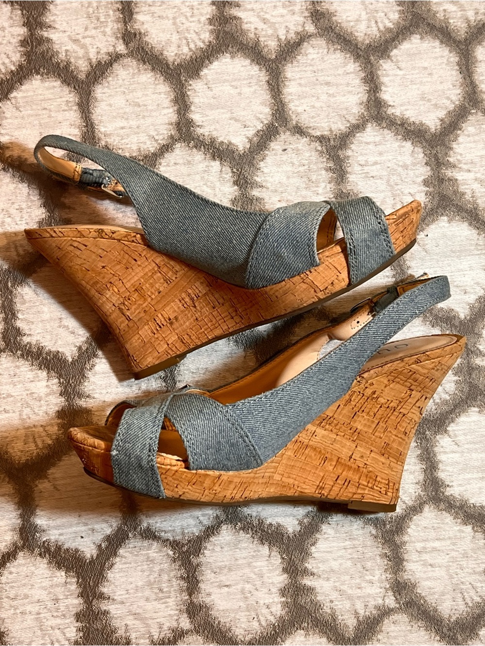 Guess Denim Blue Cork Wedge Slingback Sandals 6